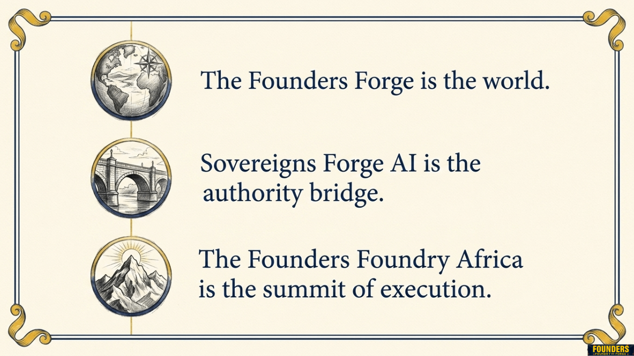 The Founders Forge is the world. Sovereigns Forge AI is the authority bridge. The Founders Foundry Africa is the summit of execution.